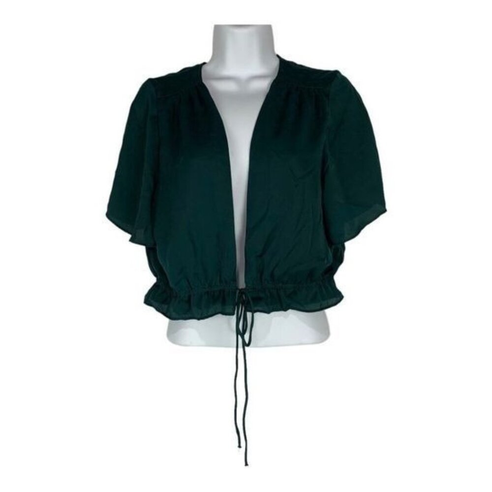 Tobi Womens Teal Open Front Short Sleeve Drawstring Hem Blouse L